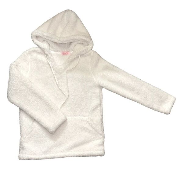 Pink Lily White Fuzzy Sherpa Hoodie Sweatshirt - Picture 1 of 3